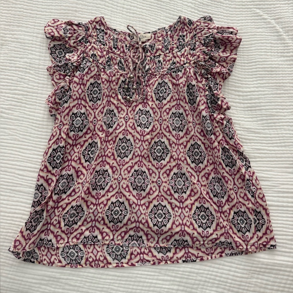 EUC Elan Maroon and Navy Ruffled Blouse